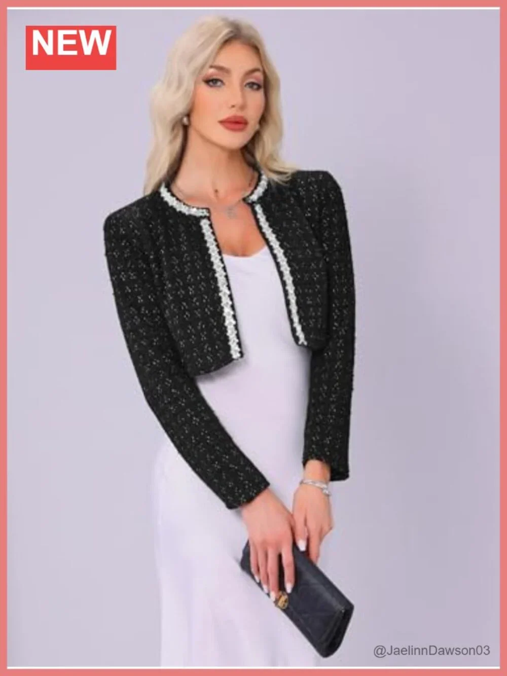 Allegra K Women Tweed Cropped Long Sleeve Open Front Office Jacket